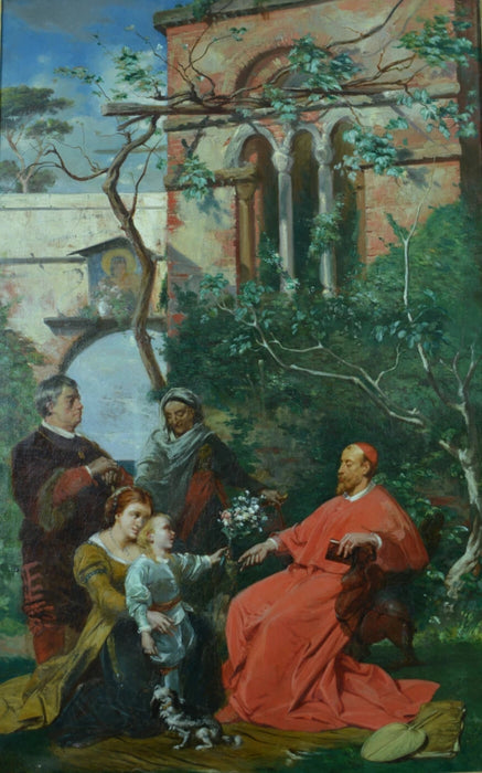 Grand Tableau Ancien XIXᵉ Siècle – Portrait de Louis XIV et du Cardinal Mazarin – Léon Fauré, Élève d'Eugène Delacroix – Huile sur Toile