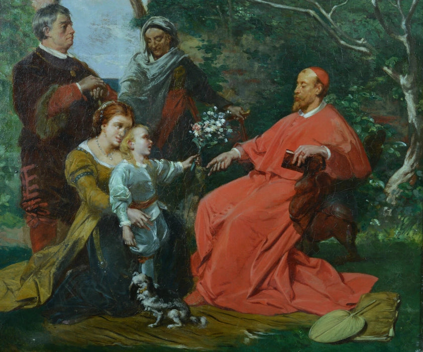 Grand Tableau Ancien XIXᵉ Siècle – Portrait de Louis XIV et du Cardinal Mazarin – Léon Fauré, Élève d'Eugène Delacroix – Huile sur Toile