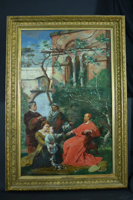 Grand Tableau Ancien XIXᵉ Siècle – Portrait de Louis XIV et du Cardinal Mazarin – Léon Fauré, Élève d'Eugène Delacroix – Huile sur Toile