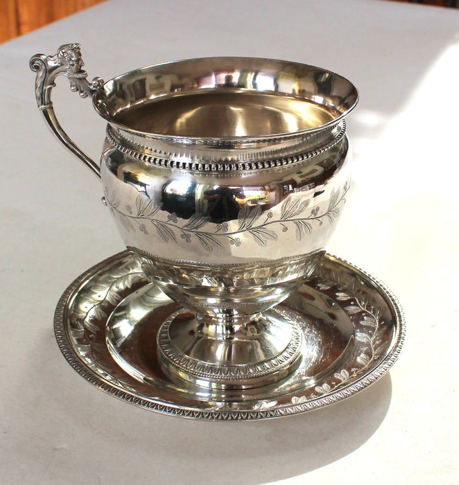 Tasse de Déjeuner XIXe en Argent Massif Vieillard avec Sous Tasse