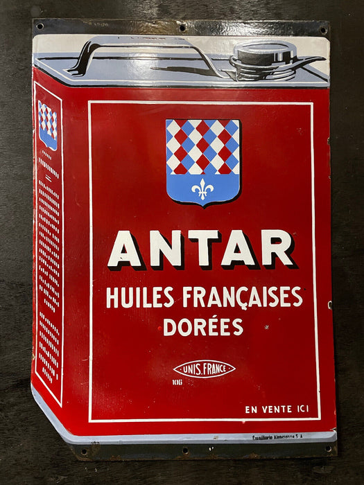 Ancienne plaque émaillée huile Antar double face années 50