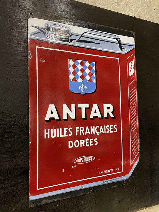 Ancienne plaque émaillée huile Antar double face années 50