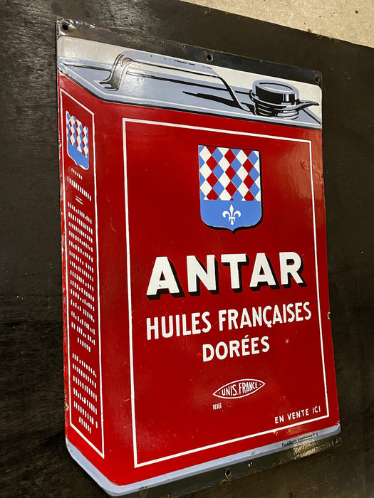 Ancienne plaque émaillée huile Antar double face années 50