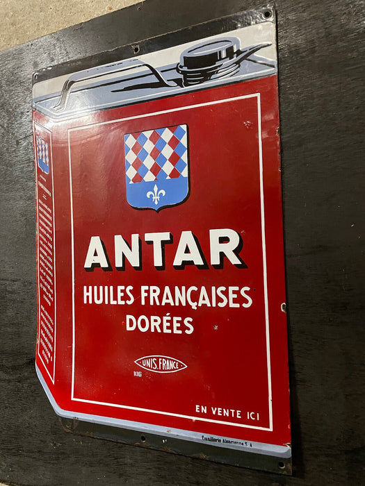 Ancienne plaque émaillée huile Antar double face années 50