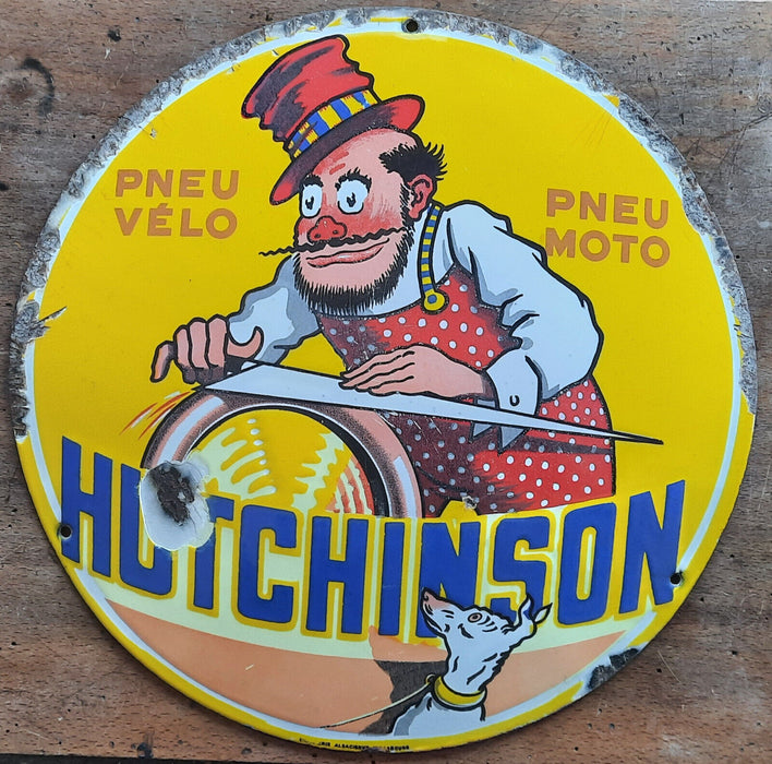 Ancienne plaque émaillée bombée HUTCHINSON pneu vélo moto auto garage